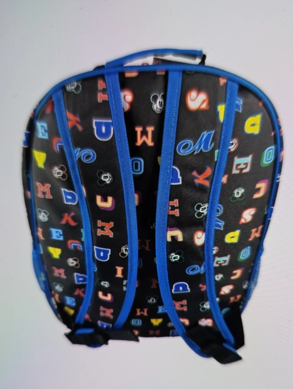 Disney Mickey Mouse Letters Backpack Black w Multicolor Letters 14x12x5 Aprox
